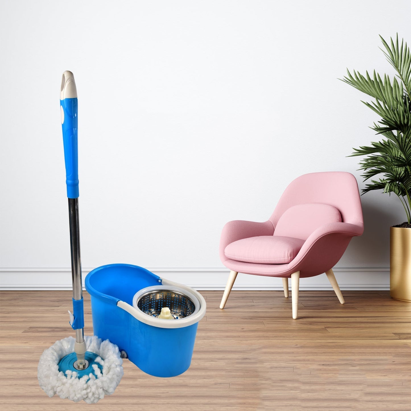 Spin Floor Cleaning Easy Advance Tech Bucket Mop and Rotating Steel Pole Head with 2 Microfiber Refill Heads  for Household Floor Cleaning