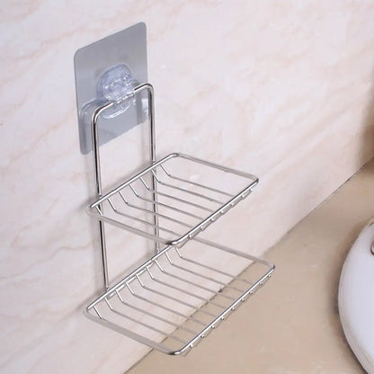 Kitchen, Bathroom Stainless Steel Wall Mounted Double Layer Self Adhesive Magic Sticker Soap Dish Holder Wall Hanging Soap Storage Rack  Used In All Kinds Of Places Household And Bathroom Purposes For Holding Soaps.