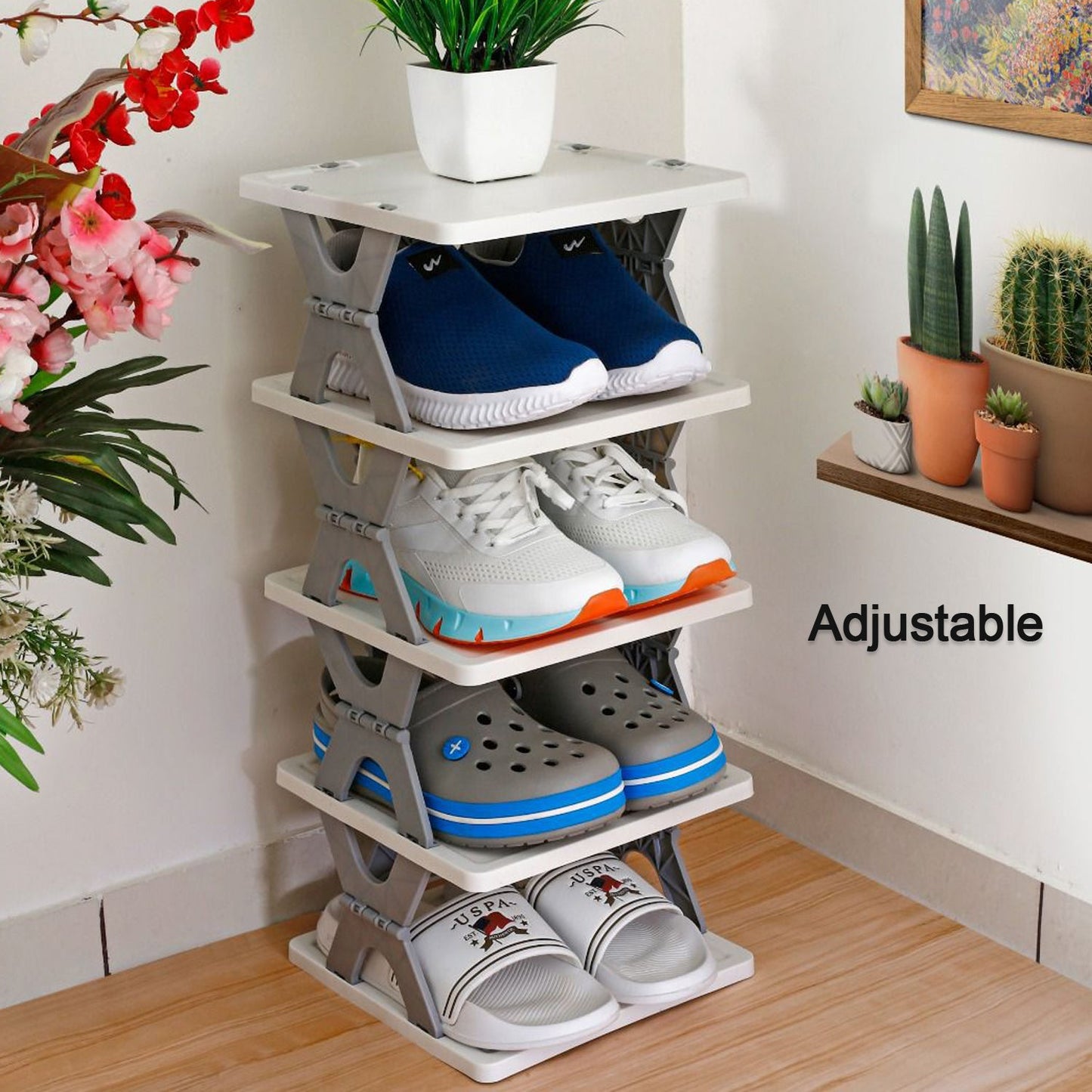 Smart Shoe Rack with 6 Layer Shoes Stand Multifunctional Entryway Foldable & Collapsible Door Shoe Rack Free Standing Heavy Duty Plastic Shoe Shelf Storage Organizer Narrow Footwear Home