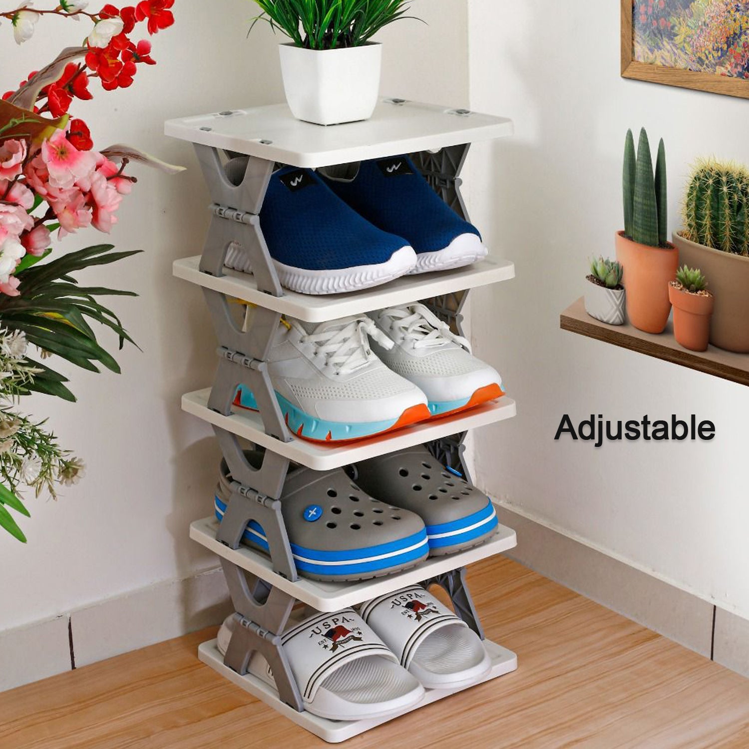 SMART SHOE RACK WITH 8 LAYER SHOES STAND MULTIFUNCTIONAL ENTRYWAY FOLDABLE & COLLAPSIBLE DOOR SHOE RACK FREE STANDING HEAVY DUTY PLASTIC SHOE SHELF STORAGE ORGANIZER NARROW FOOTWEAR HOME