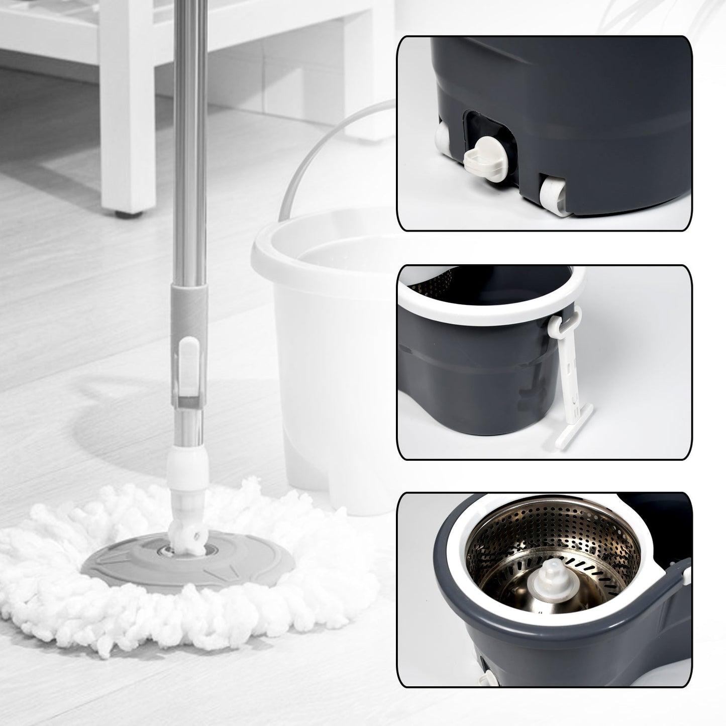 Spin Mop with Big Wheels and Stainless Steel Wringer, Bucket Floor Cleaning High Quality Bucket