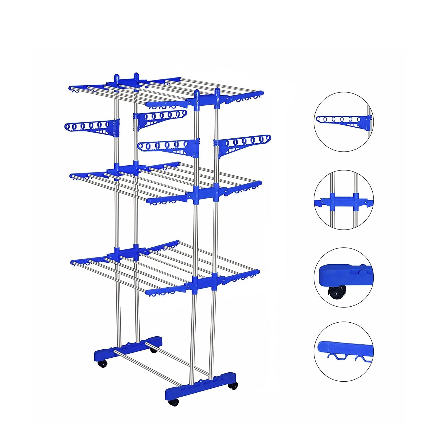 Folding Double Supported 3 Layer Cloth Drying Stand Laundry Dryer Hanger with Breaking Wheels for Balcony Indoor and Outdoor Home, Steel