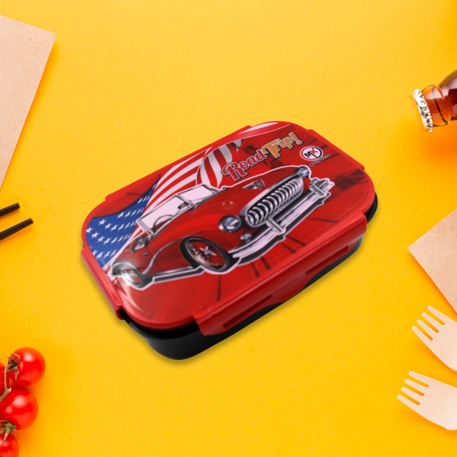 Beautiful Car Design Printed Plastic Lunch Box With Inside Small Box & Spoon for Kids, Air Tight Lunch Tiffin Box for Girls Boys, Food Container, Specially Designed for School Going Boys and Girls