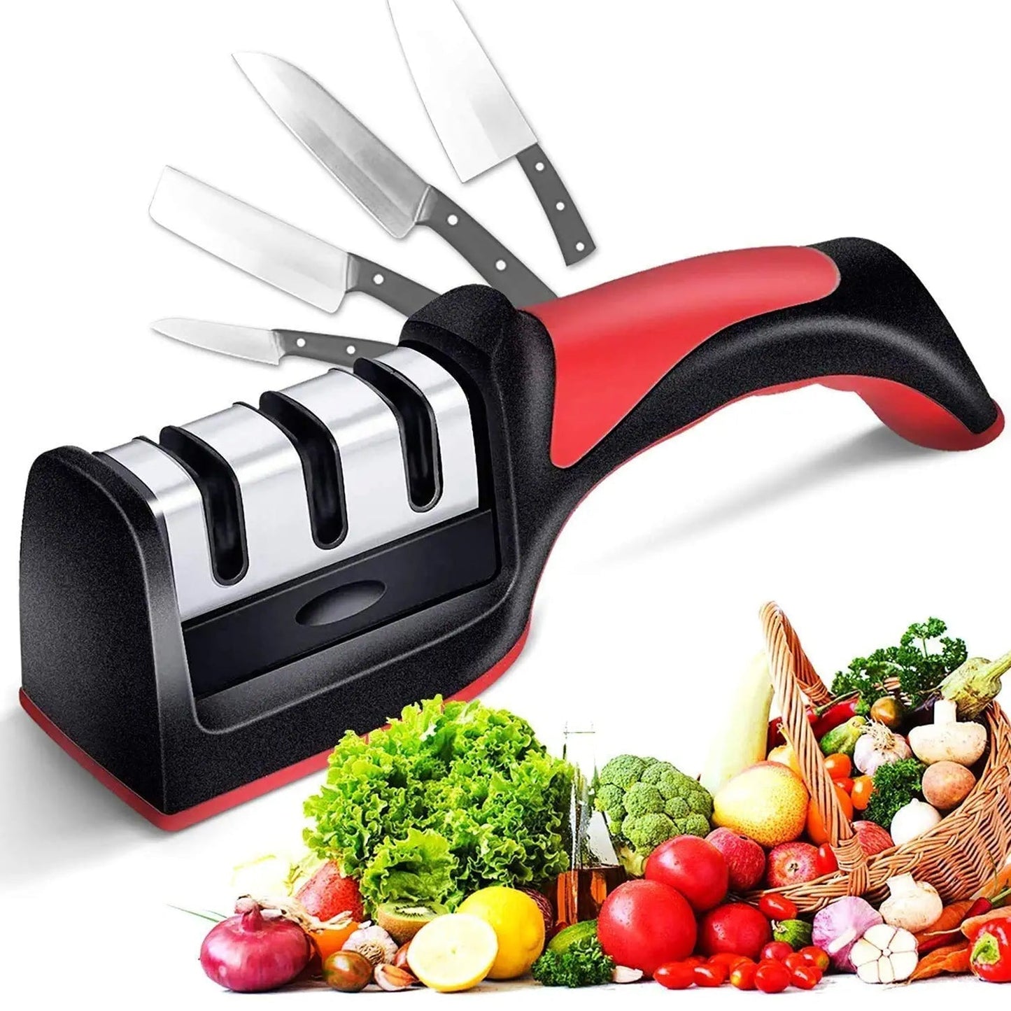 2051 Manual Red Knife Sharpener 3 Stage Sharpening Tool for Ceramic Knife and Steel Knives.