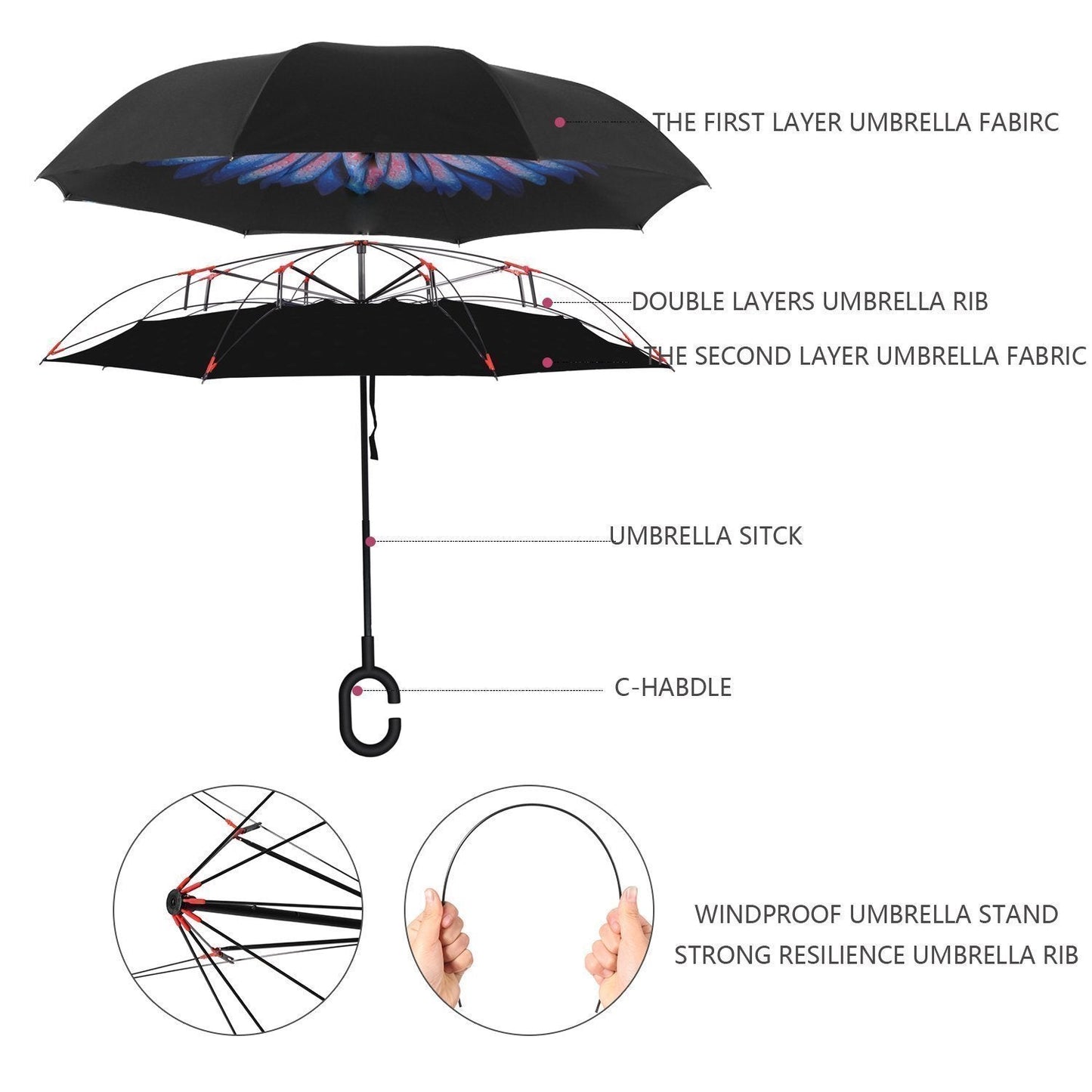 6211 Plain design Windproof Upside Down Reverse Umbrella with C-Shaped Handle