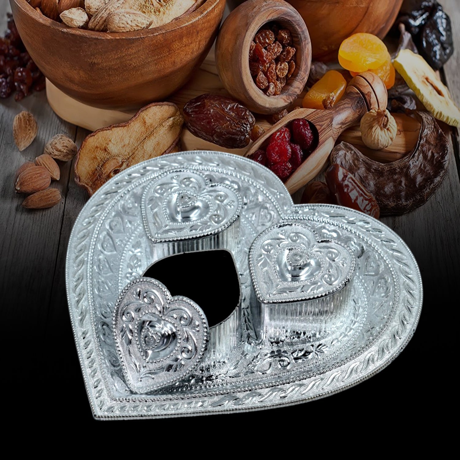 2852 Heart Multipurpose Tray 3 Container Elegant Royal Design Plastic for Dry Fruit Chocolate Mouth Freshener Box