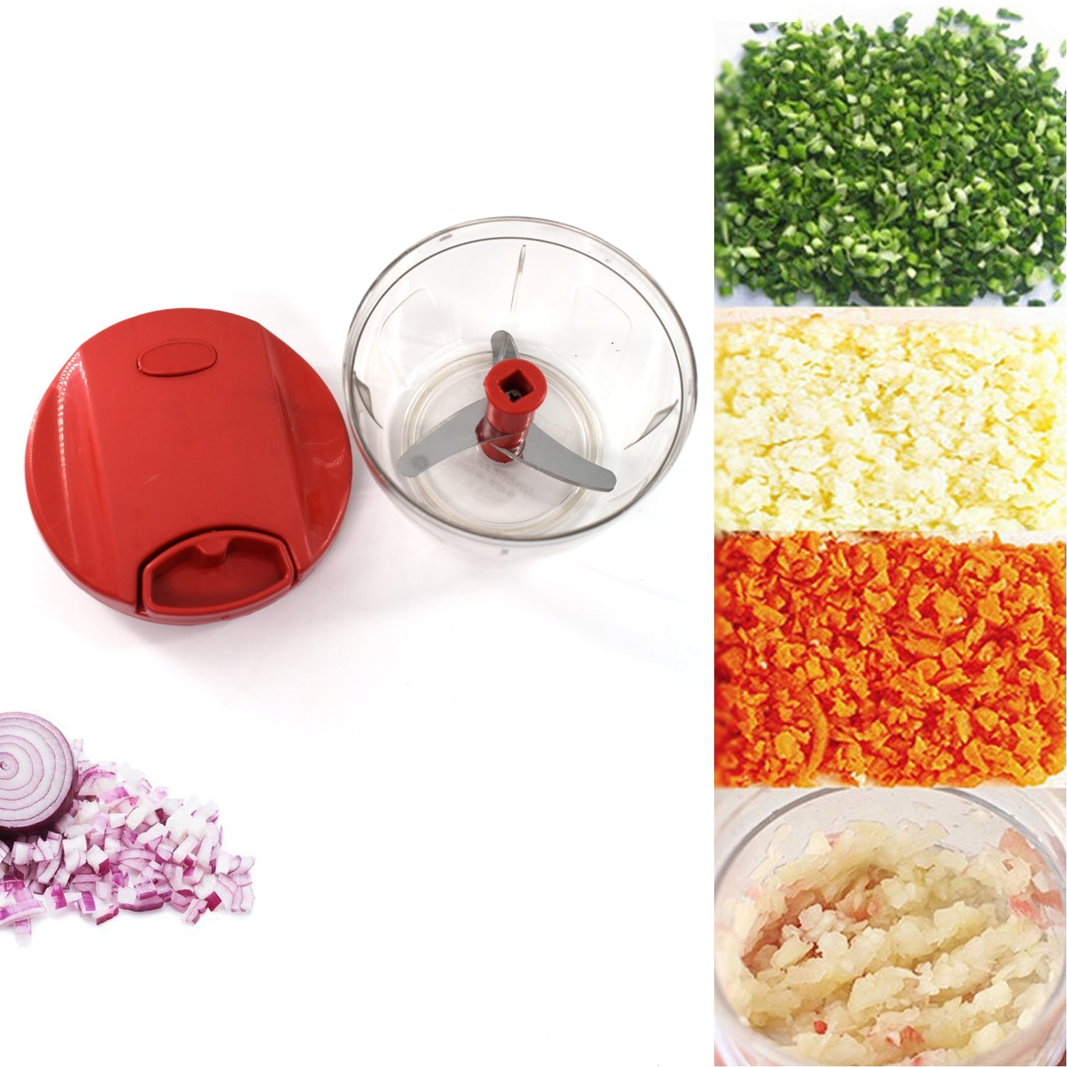 Manual Red mini plastic food chopper with extra sharp blades (375 Ml)