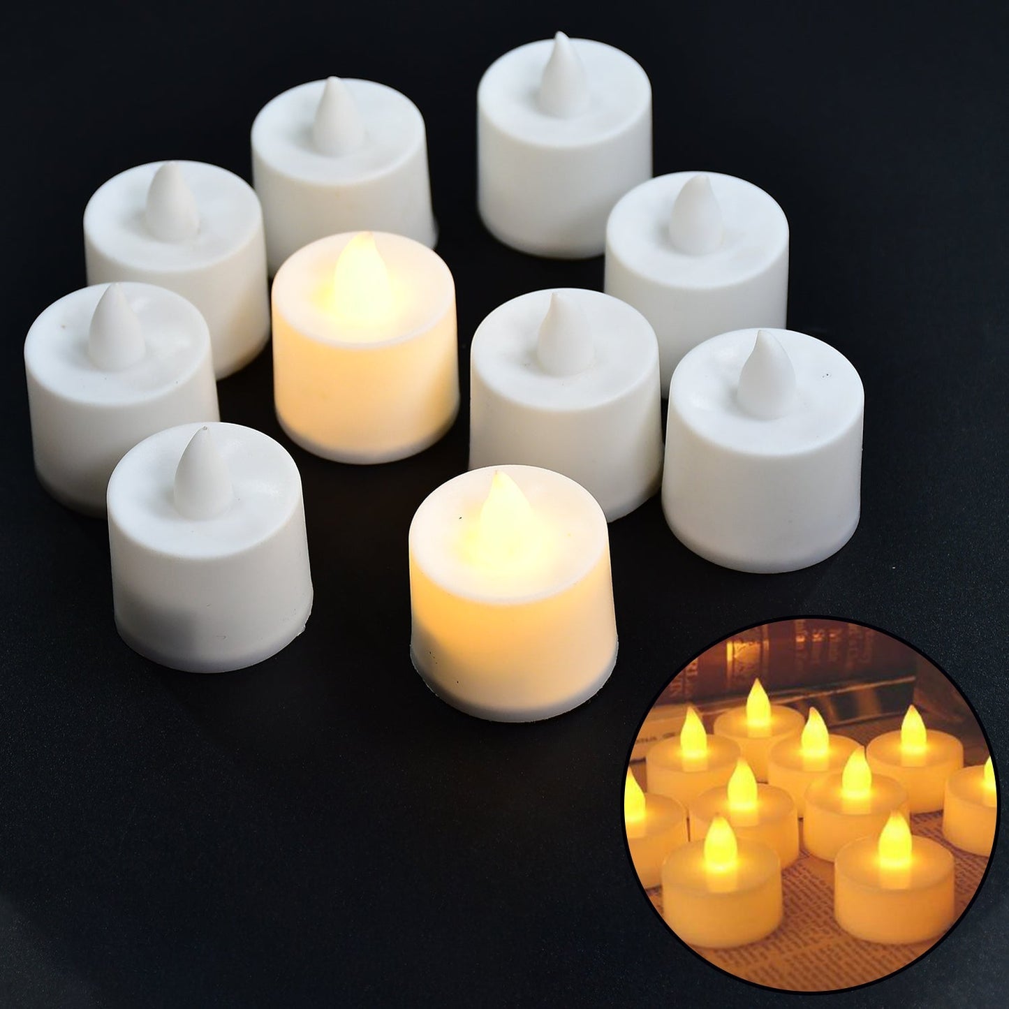 6283 Festival Decorative - LED Yellow Tealight Candles (White, 10 Pcs) With Container