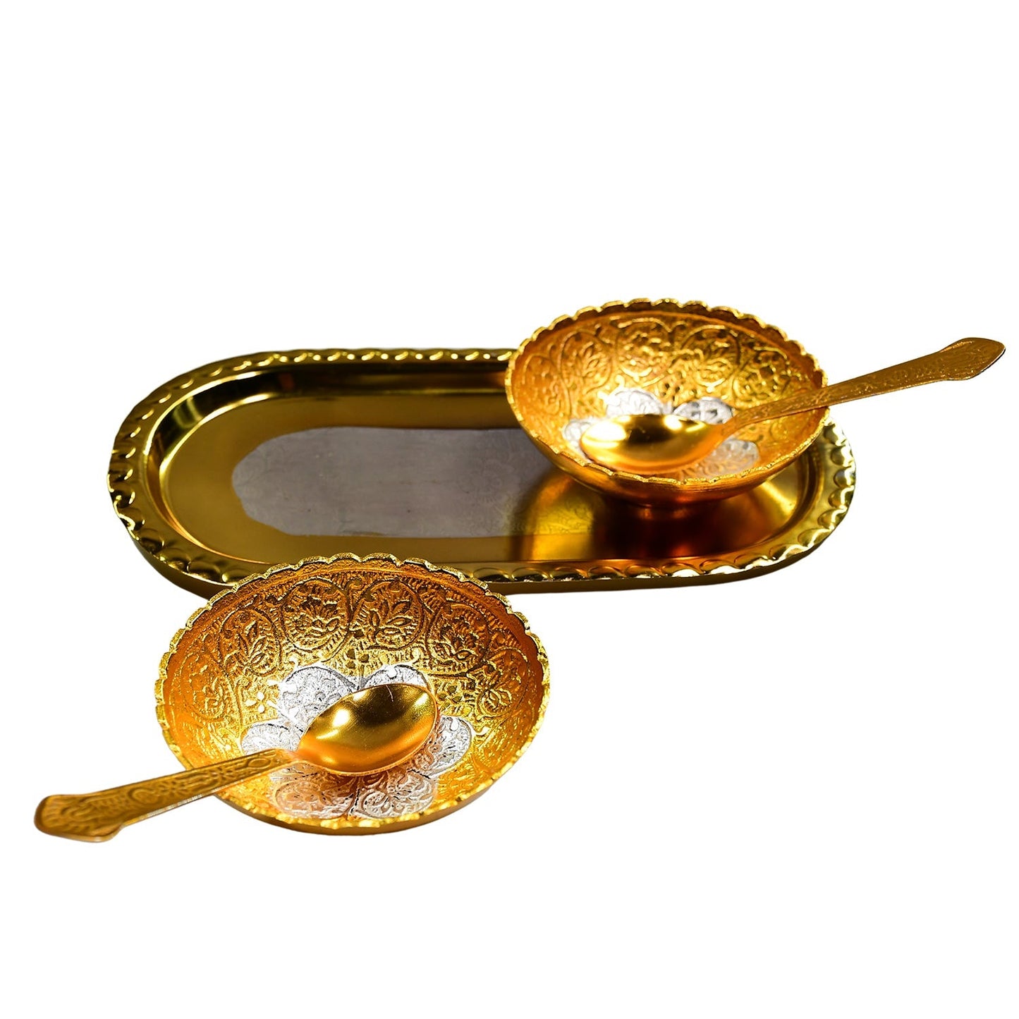 2947 Gold Silver Plated 2 Bowl 2 Spoon Tray Set Brass with Red Velvet Gift Box Serving Dry Fruits Desserts Gift