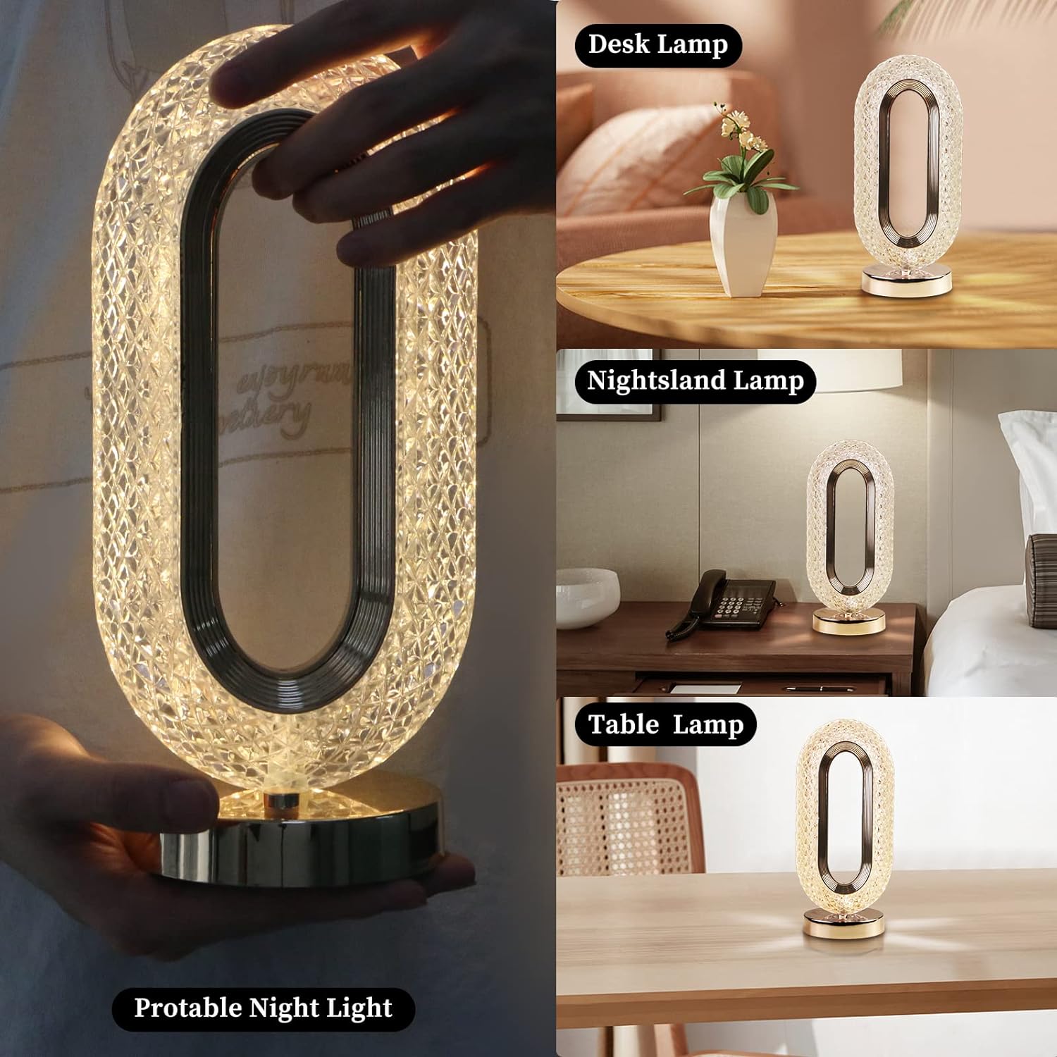 Touch Control Crystal Table Desk Lamp, 3-Way Dimmable Light, USB Rechargeable Crystal Diamond Table Lamp, Exquisite Night Stand Light Lamp Beside Lamp for Bedroom Living Room, Decorative Desk Lamp
