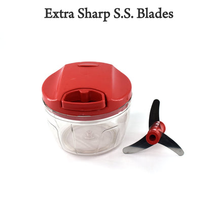 Manual Red mini plastic food chopper with extra sharp blades (375 Ml)