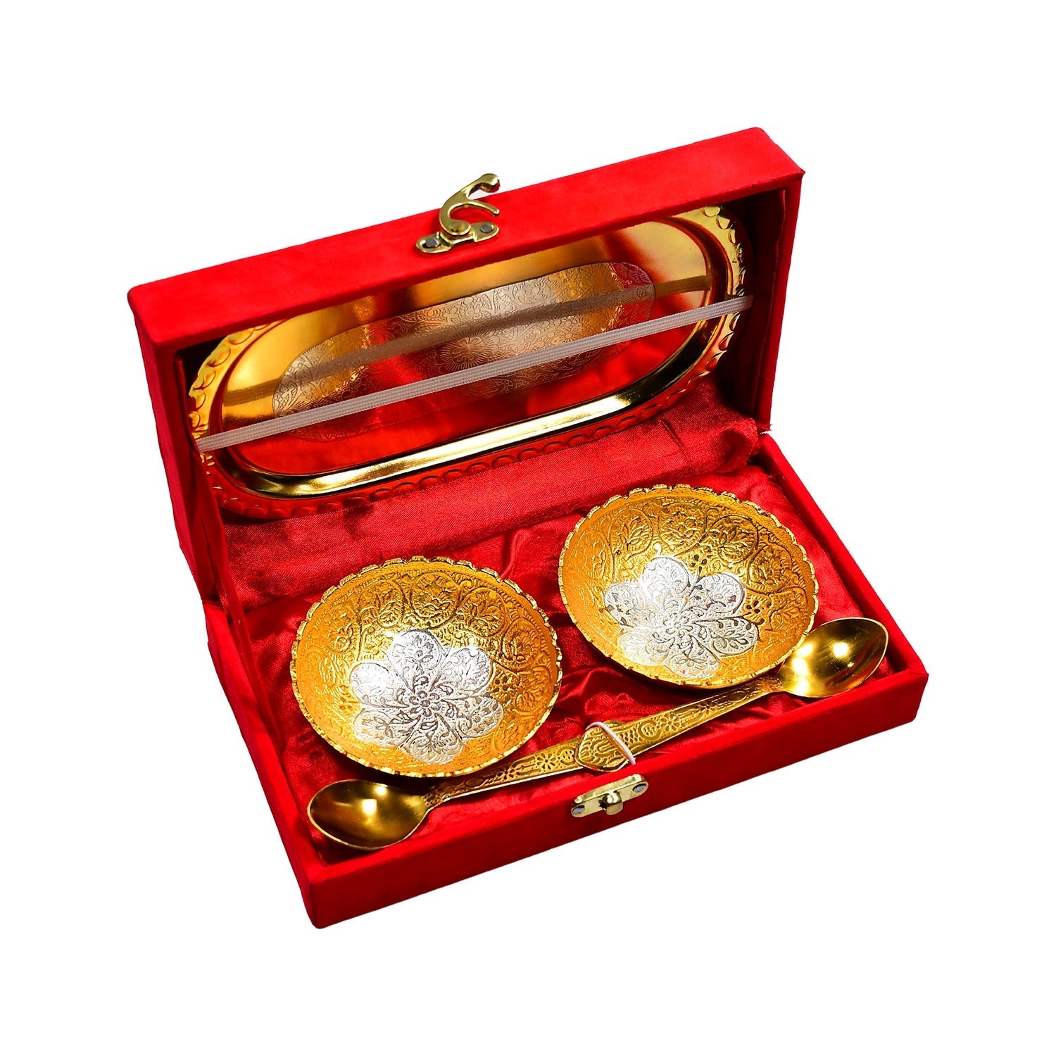 2947 Gold Silver Plated 2 Bowl 2 Spoon Tray Set Brass with Red Velvet Gift Box Serving Dry Fruits Desserts Gift