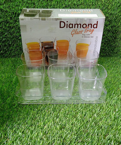 2832 6pc Glasses Set With tray Stylish Transparent Water Glass/Juice Glass/Beer Glass/Wine Glass Plastic Glass Set