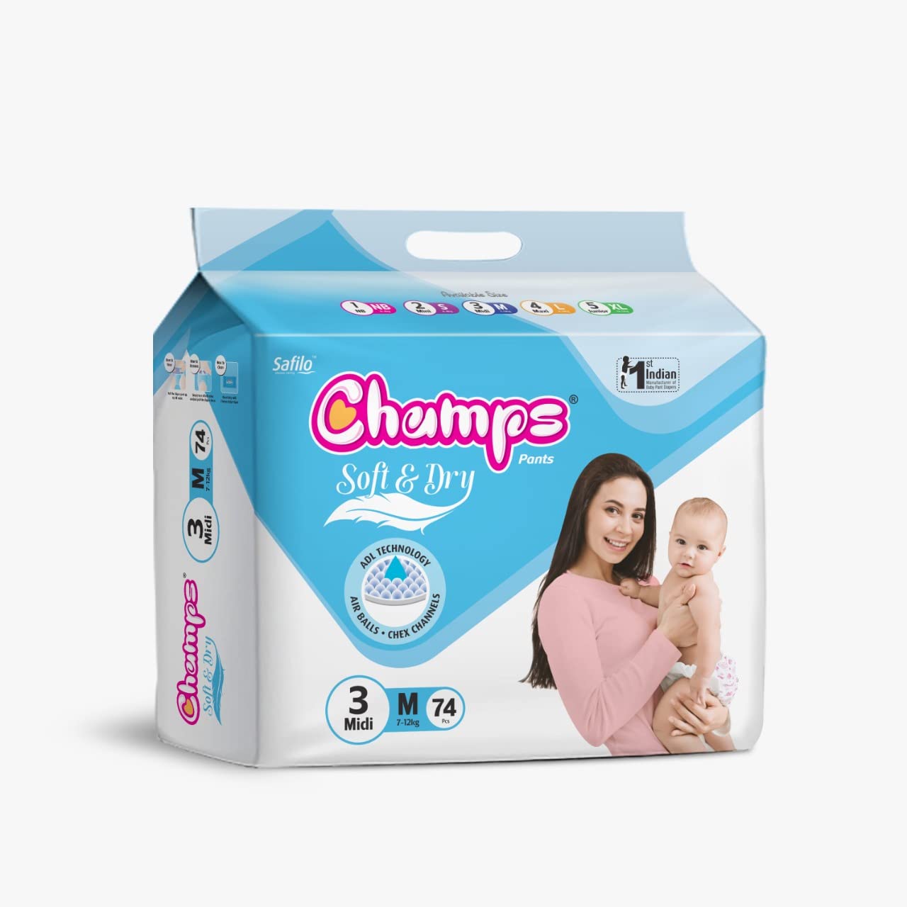 Champs Soft and Dry Baby Diaper Pants 74 Pcs (Medium Size M 74)