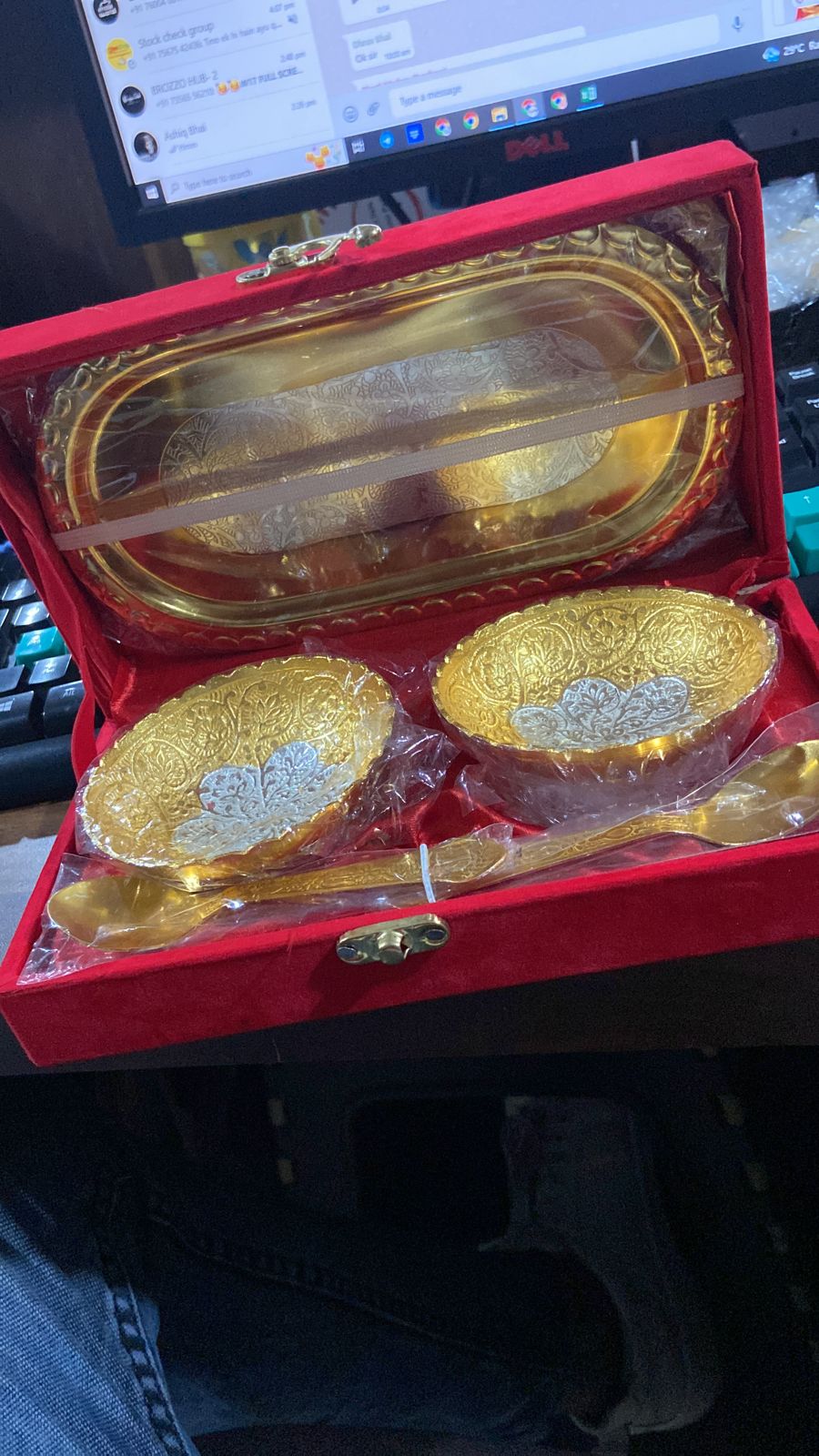 2947 Gold Silver Plated 2 Bowl 2 Spoon Tray Set Brass with Red Velvet Gift Box Serving Dry Fruits Desserts Gift