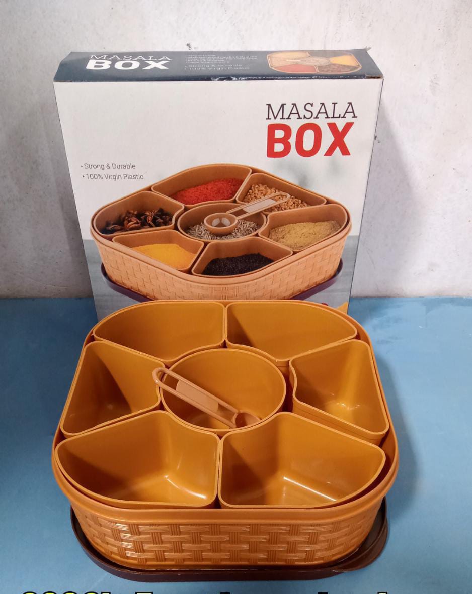 2032H Masala Box for Keeping Spices, Spice Box for Kitchen, Masala Container, Plastic Wooden Style, 7 Sections (Multi Color).